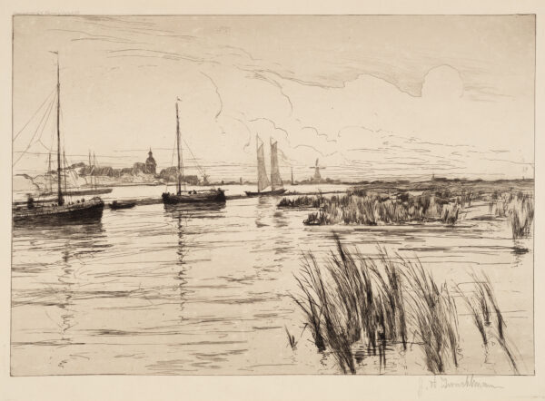 A view of the skyline of the Dutch port of Dordrecht. Rushes are in the foreground at right, sailboats at left and in the distance is the distinctive dome of the Groothoofsdspoort, a 15-Century town gate with a tower.