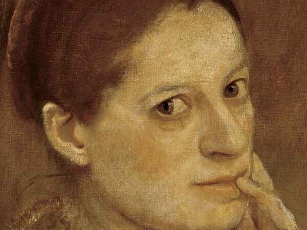 Painting in shades of tan and brown of a woman with her hand on her cheek looking toward the viewer