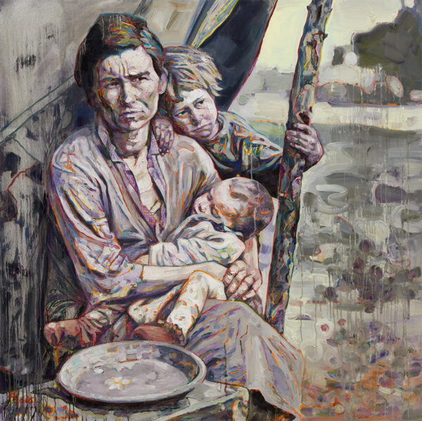 Oil painting of a woman holding a baby with a small child looking over her left shoulder.