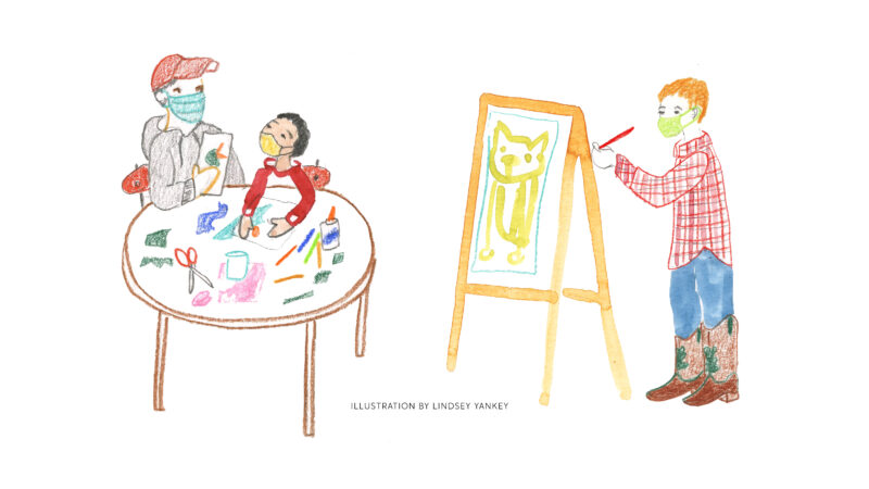 Illustration of a booklet cover with four kids wearing masks and painting