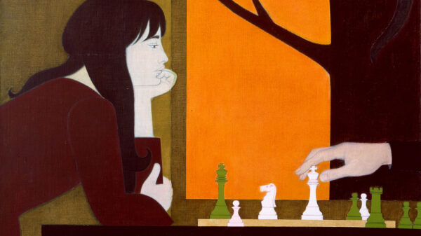 Two people playing a game of chess; a young woman (Barnet's daughter, Ona) with long black hair at left, her chin resting in her left hand and concentrating on the move of her opponent; other player at right not visible except for the extended hand; window behind table with view of a bare tree; black cat on rail of window and gazing out at viewer. Chess Game pictures Barnet’s daughter, Ona, in the New York City brownstone the family began renting in the late 1960s. Barnet was fascinated by the 1901 building and used it as the setting for many of his prints and paintings during this period. The artist was particularly interested in the home’s original woodwork—slanting floors, old staircases, bannisters, windows, and doorways. In both his figural and abstract work, Barnet had always juxtaposed strong verticals with horizontals and curves with right angles. His home’s architecture provided new ways to experiment with these elements. Ona, silhouetted against the right angles of the window frame, leans contemplatively against the table with her face cupped in her hand. Her chess partner’s whole body is not visible—only his arm stretches across the table. The lack of the other player’s presence removes any sense of easy, relaxed playfulness from the work. Instead, Chess Game becomes a meditation on choice and chance.