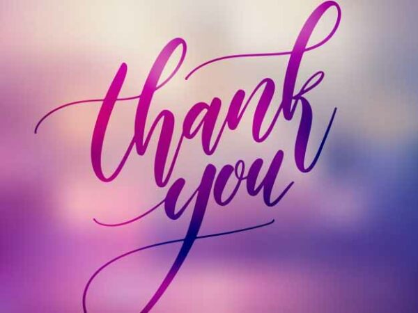 Thank you in script font on an ombre background fading from purple to ivory