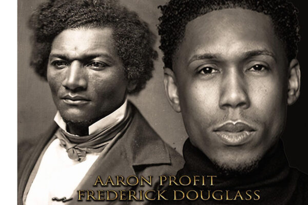 Two faces of actor Aaron Profit, on left in costume as Frederick Douglass, on right his normal appearance