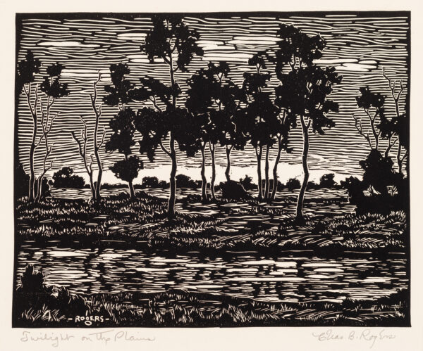 A landscape with a body of water in the forground and tall trees along the horizon.