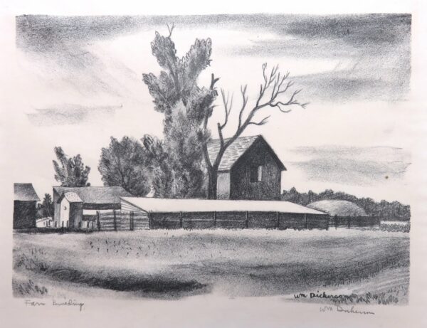 Farm buildings and trees, seen from across a field.