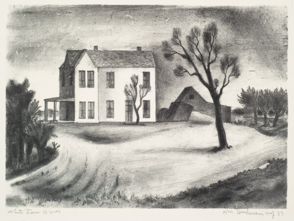 A white two-story farm house is seen from a distance beyond a field with plowed ruts and a tree.