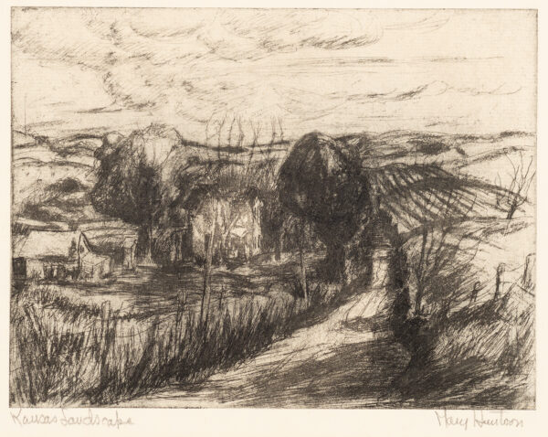 A road rises from the bottom center toward the top and plowed fileds. On the left is a farm.