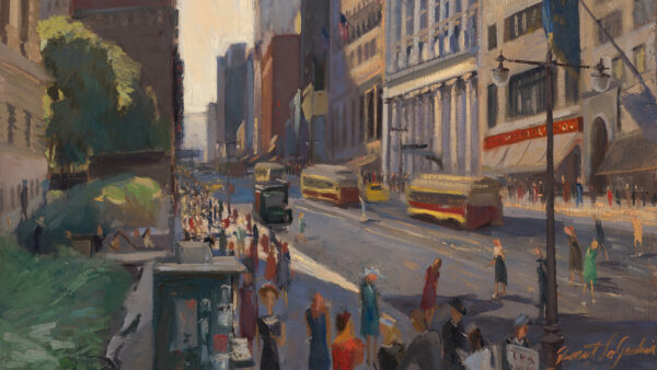 City scape of a street surrounded by tall buildings, with street cars, people on sidewalk and
