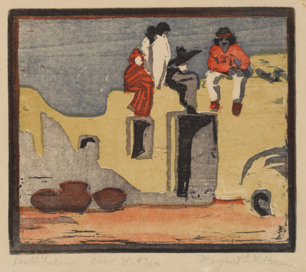 Pueblo Indians sit and stand on the roof of an adobe home.