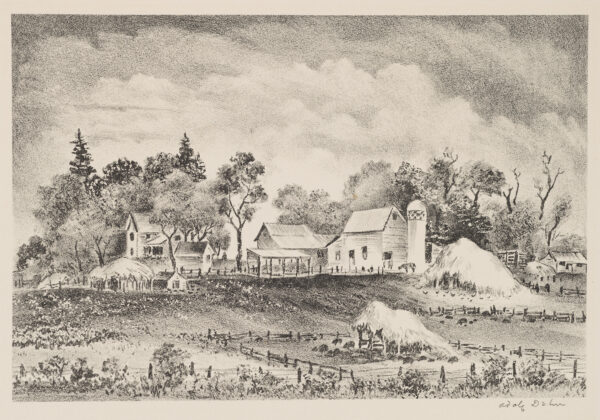 A farmyard seen from a distant pasture. The house is on the left, barns to the right with a cow shilloueted by a white silo, with a decorative checkerd band at top. Two large hay stacks are on the right, one with chickens and in the foreground one with pigs.
