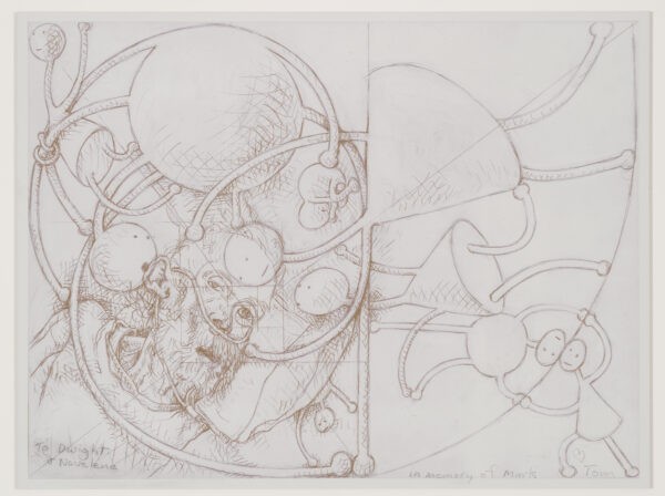 A Fibonacci spiral (golden ratio) centered on the left eye of a dying man. This places the man on the left half of the composition with stick figures sprialling out around him.