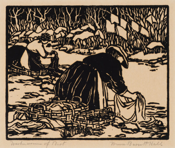 Two women bend over a stream washing clothes. Their wash baskets are behind them and linens are stretched on leafless bushes and trees on the far shore.