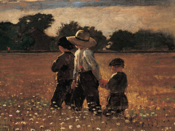 Three children, two in dark clothing and one wearing a straw hat, white shirt and dark pants, are centered in a landscape of wildflowers with white blooms, with a row of trees in the background and blue sky and clouds above