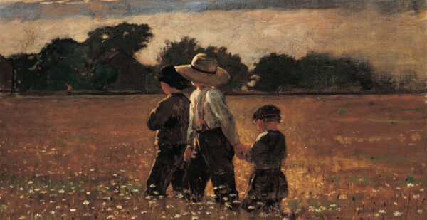 Three children, two in dark clothing and one wearing a straw hat, white shirt and dark pants, are centered in a landscape of wildflowers with white blooms, with a row of trees in the background and blue sky and clouds above