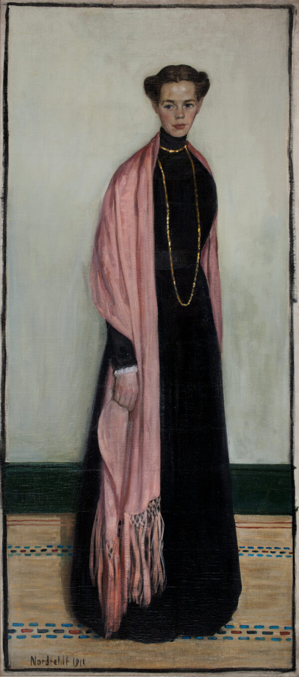 Painting of a white woman with dark hair wearing a black dress, gold necklaces and a pink shawl, standing and looking at the viewer