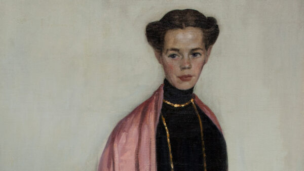 Painting of a white woman with dark hair wearing a black dress, gold necklaces and a pink shawl, standing and looking at the viewer