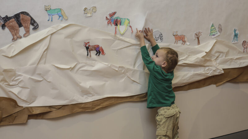 Young boy dressed in a green, long-sleeved shirt and khaki pants reaches up to paper on the wall with animals, a bear, fox, moose, all in bright colors.