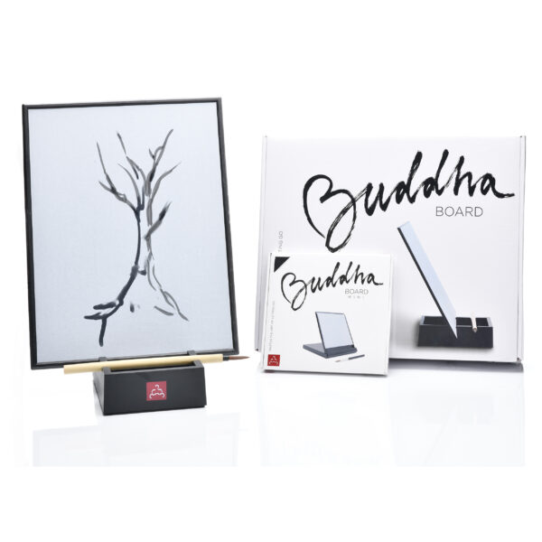Square board with gold rim with a line drawing of a tree on the left. On the right is a box with the words Buddha in arched in cursive and Board in smaller type under and an illustration of a board similar to what's pictured on the right