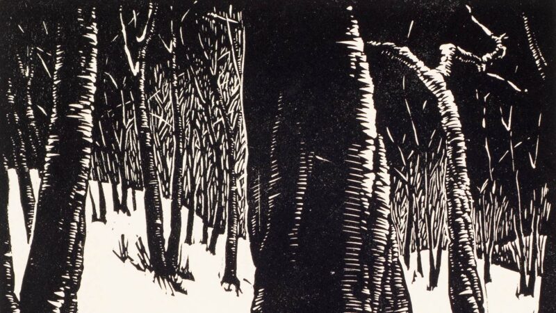 Black and white block print of tree trunks on a snow-covered hillside