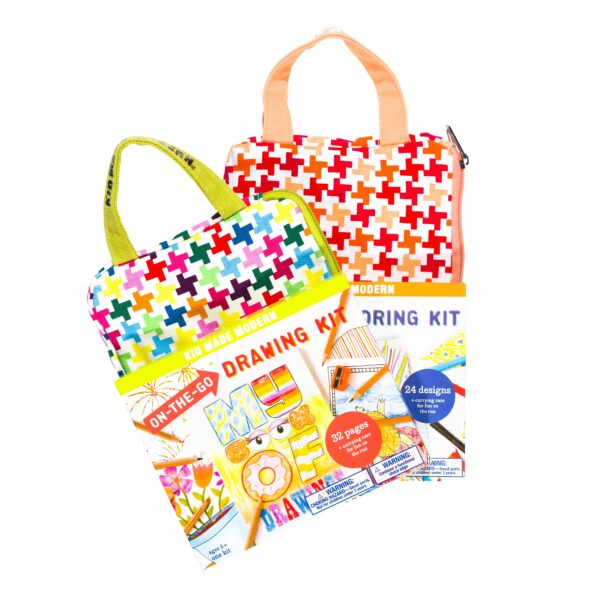 Two bags labeled On the Go Drawing Kits. Bags are rectangluar shaped, with polka dots - one in primary colors of red, green, blue, and yellow and one in red, orange and yellow