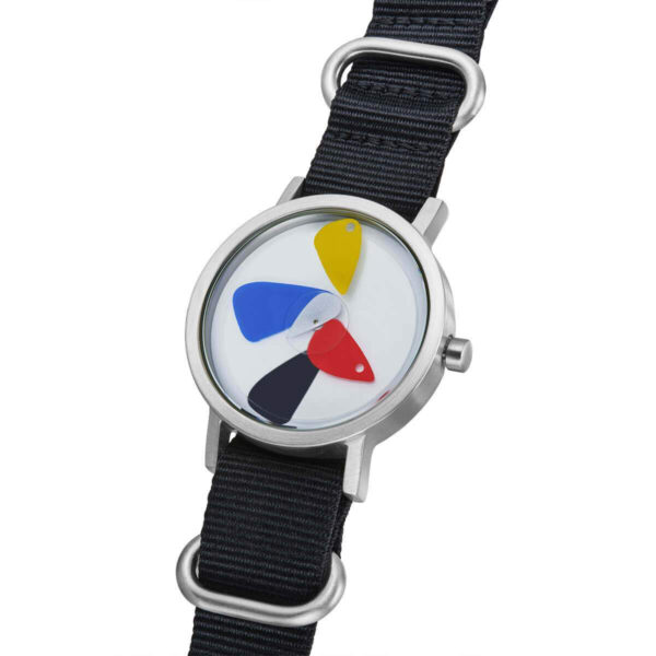 Round watch with a silver rim and a face with four triangles -- yellow, red, black and blue, on a black band with silver clasp