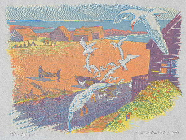 Gulls hover over fishermen carrrying a container toward a rowboat. More men are in the background along with wood houses and the sea.