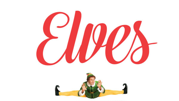 The word Elves in red with a photo of a white man in the lower bottom center wearing black booties, yellow tights, a green hat and green coat trimmed in white getting ready to sing loud for all to hear