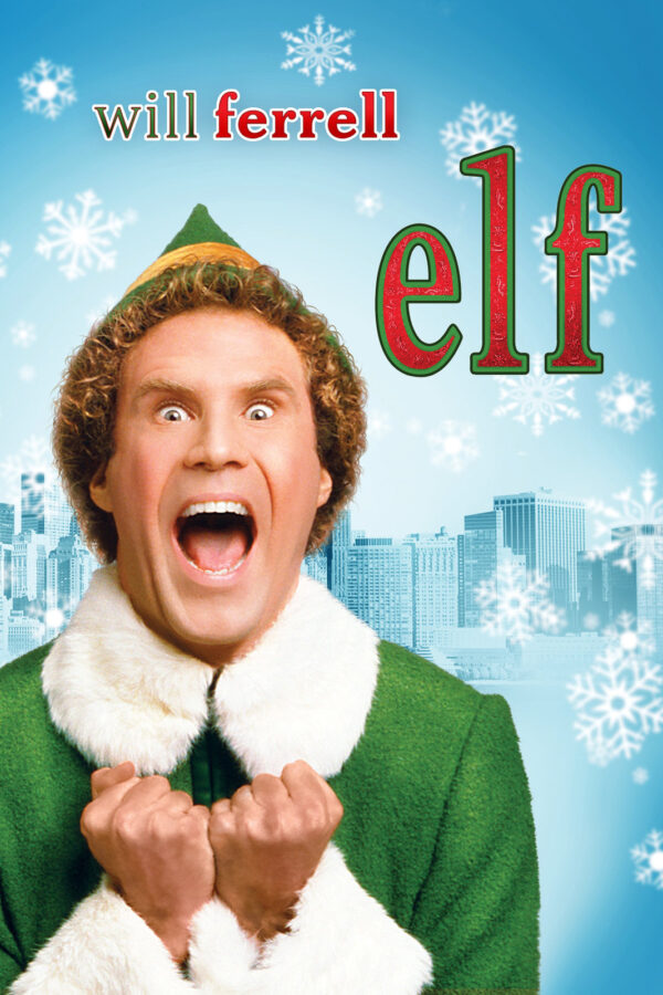 The words Will Ferrell Elf in green and red with a photo of a white man in the lower lefthand corner wearing a green hat and green coat trimmed in white singing loud for all to hear