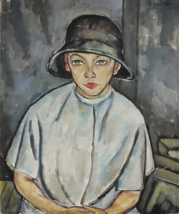Abstract painting of white boy sitting and wearing dark round hat and white jacket with a background of dark and light greys