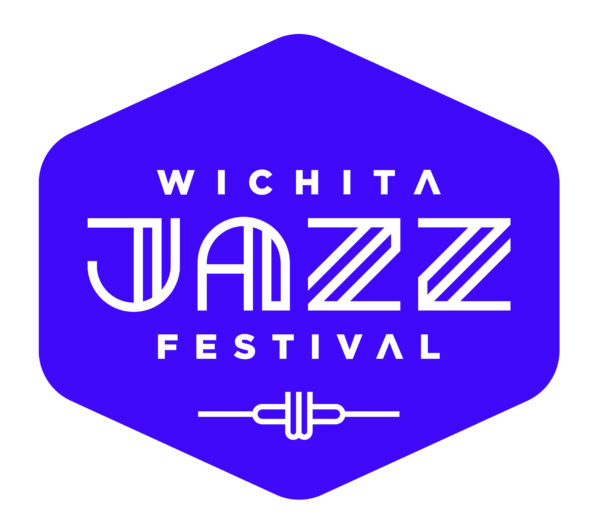 Logo for Wichita Jazz Festival; geometic purple shape with text.