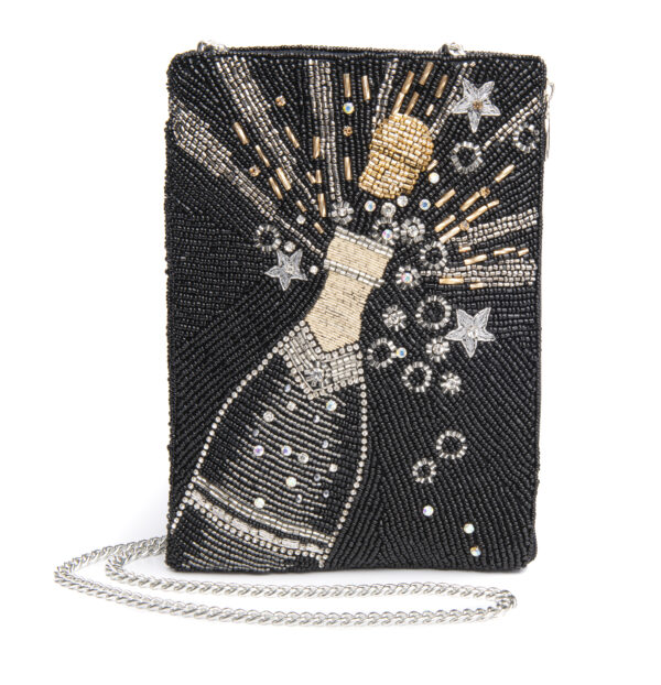 Beaded handbag, black with a silver and gold champagne bottle, gold cork lifted from the bottle and lines of gold and silver beading, and silver stars to indicate the exploding liquid