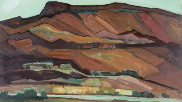 Abstract painting in shades of green, brown and tan of mountains in the background with abstracted hills and a river in the foreground