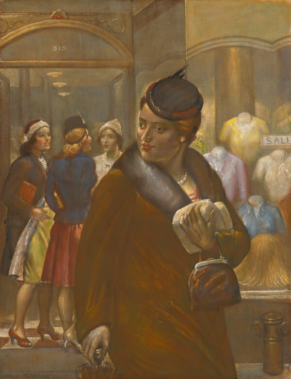 Painting of a woman wearing a small blue hat, fur coat, pearl earrings and carrying a handbag and small parcels with a group of women behind her standing next to a store window with women's clothing for sale