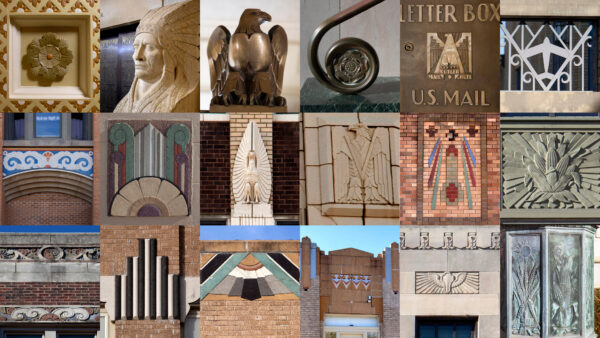 Photo grid of 18 square photos showing Art Deco imagery and graphics on buildings in Wichita, Kansas