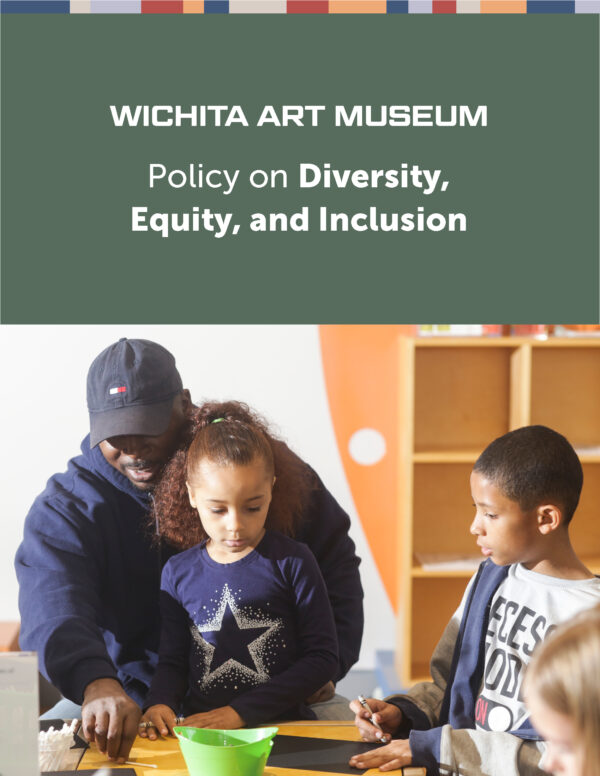 Cover of the museum's Diversity, Equity and Inclusion policy booklet showing a black man on the left in a blue sweatshirt and navy Tommy Hilfiger cap with a young black girl wearing a long-sleeved navy shirt with a white star on it standing next to a young black boy wering a blue and ivory hooded sweatshirt with words on it