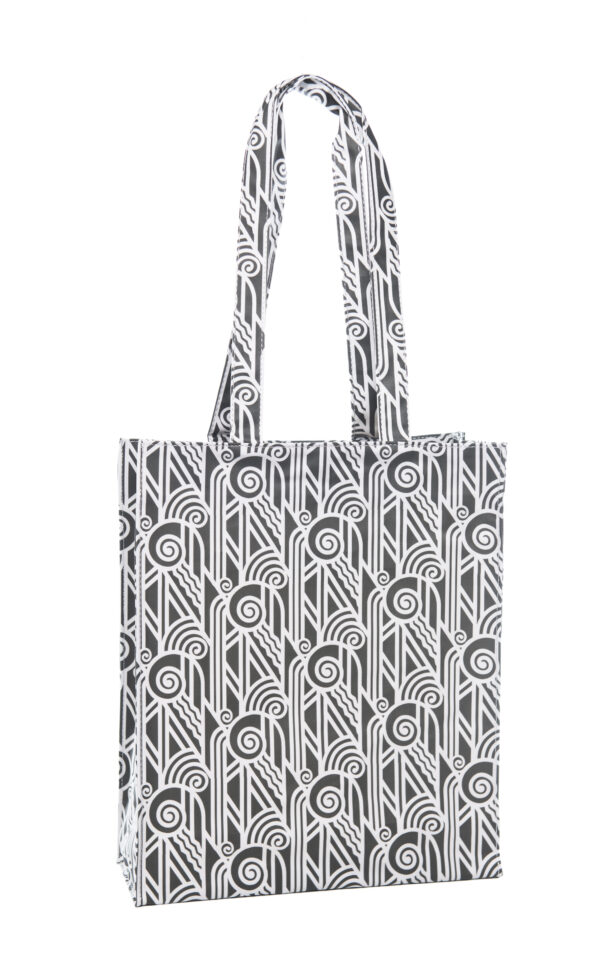 Tote bag with a black and white geometric, art deco inspired pattern