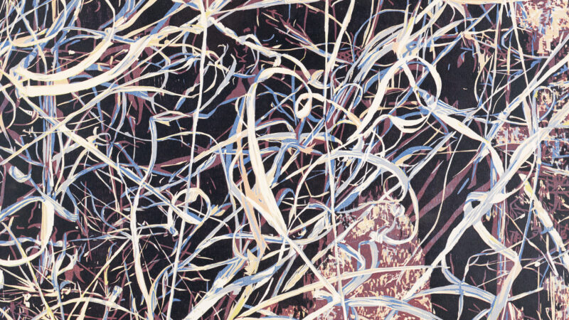 Painting of squiggly lines of white, black, blue, ivory and burnt umber