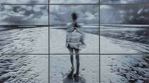 Cameo-engraved glass of a blue-tinted image of a woman viewed from the back, walking on a surface that appears to be sand, with a cloudy sky. Grid lines of the glass panels that make up the work appear as well.