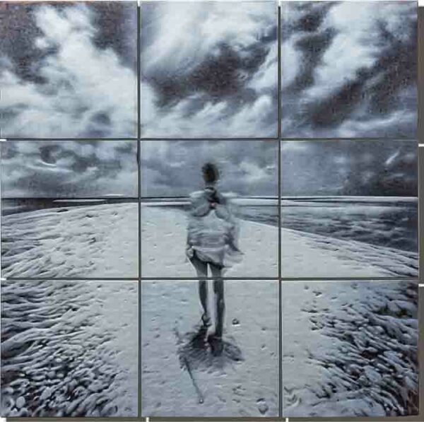 Cameo-engraved glass of a blue-tinted image of a woman viewed from the back, walking on a surface that appears to be sand, with a cloudy sky. Grid lines of the glass panels that make up the work appear as well.