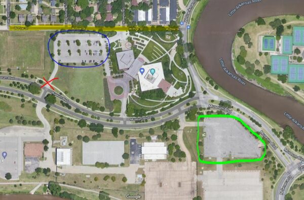Google Map of the Wichita Art Museum with parking to the southeast and the museum's parking lot to the west