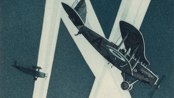 Bi-plane in a downward flight against a blue background with white strips or searchlights crisscrossing