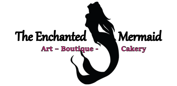 Black silhouette of a mermaid with text The Enchanted Mermaid in black type. Second line of text in red: Art, Boutique, Cakery