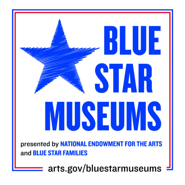 Blue Star Museums logo -- square logo with a blue and white border aroound a large blue star on the left and text reading Blue Star Museums. Presented by the National Dendowment for the Arts and Blue Star Families. website address in the lover right is arts.gov/bluestarmuseums