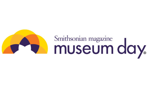 Graphic with a kaliededcope imange in yellow orange, and purple with the text Smithsonian Magazine Museum Day