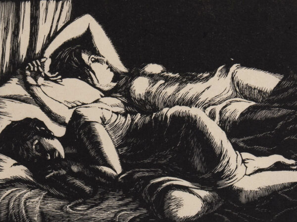 Woodcut of two people sleeping
