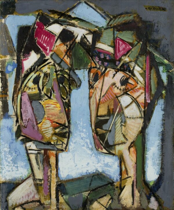 Modernist painting of two facing heads
