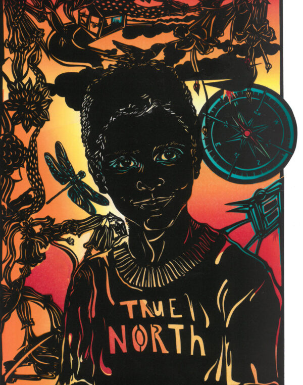 Head and shoulders of an African American woman with the words True North on her black shirt. The background is bright orange and yellow and there are vines, leaves, flowers, dragonfly, and a compass,