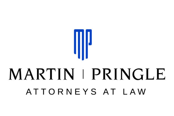 Logo with a graphic image of an elongated MP in blue over black text Martin | Pringle Attorneys at Law