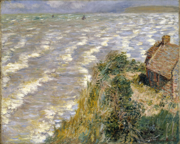 Impressionist painting of a house on a bluff over a white body of water