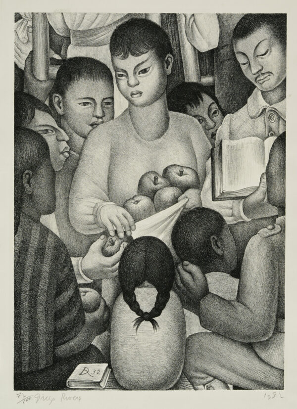 Nine dark-haired, short-haired people look in different directions at those standing around them with the center figure holding apples